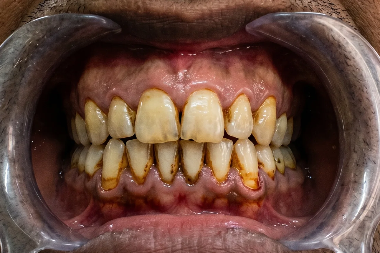 Before teeth whitening: heavily stained and discoloured teeth